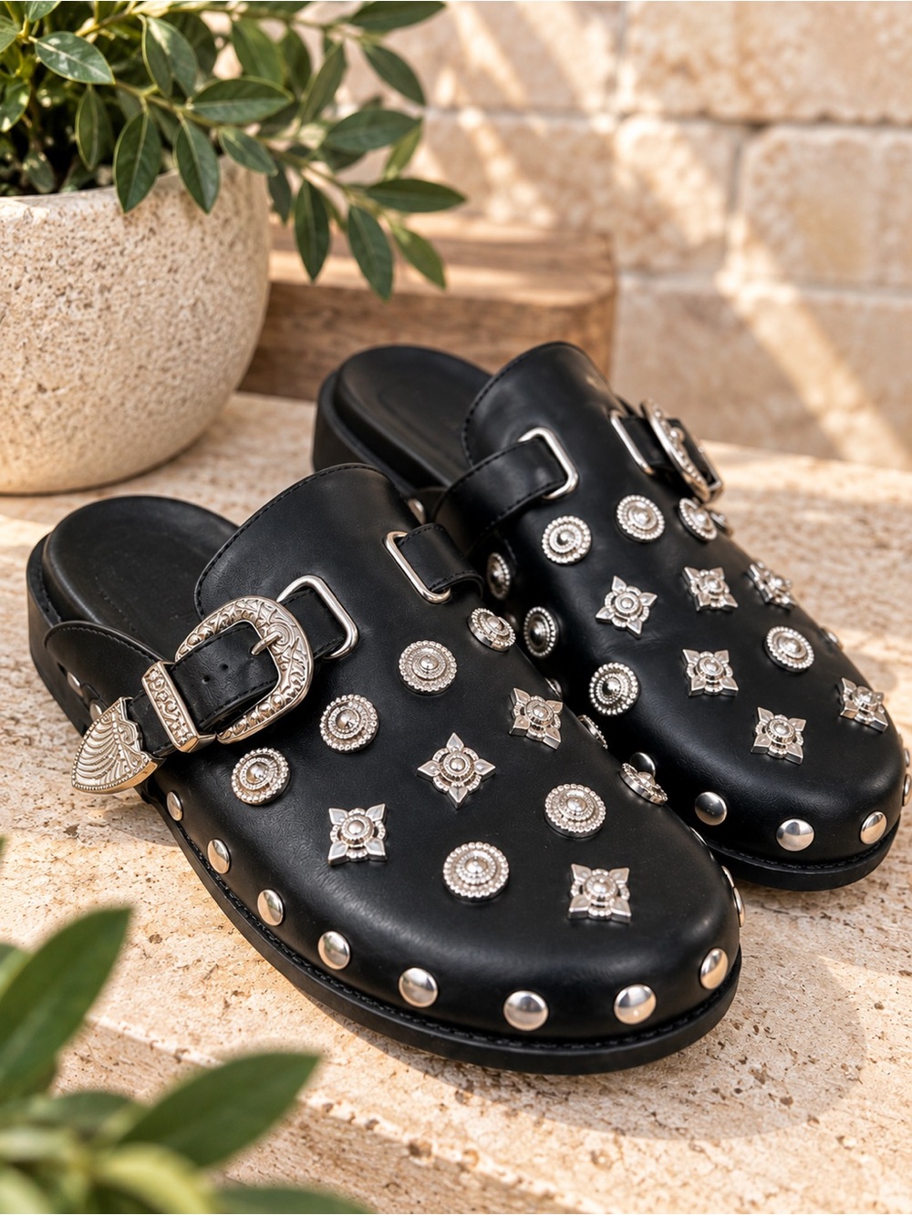 Azalea Wang Pressley Studded Western Flat Mules Black size 9 #18